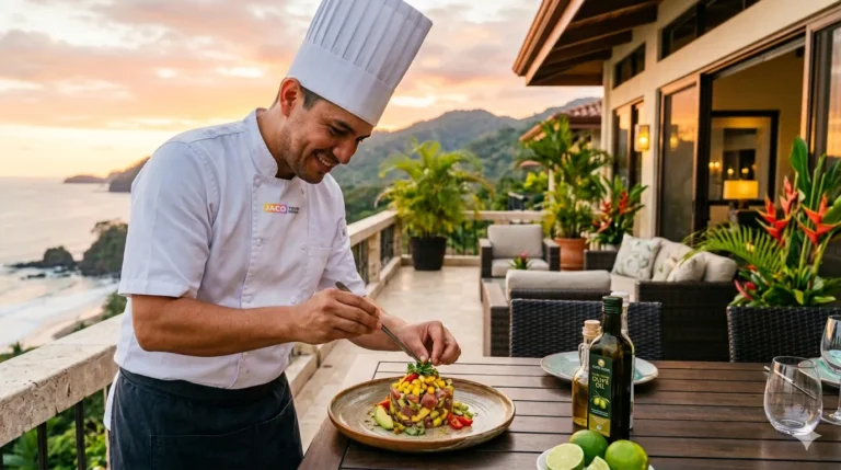 Professional private chef plating fresh tropical seafood at a luxury oceanfront villa in Jaco, Costa Rica.