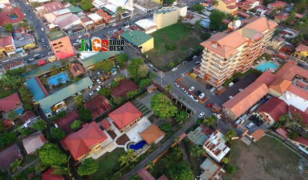 Drone picture pointing the Jaco Tour Desk office in Jaco downtown inn Costa Rica