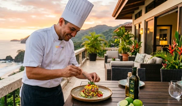 Professional private chef plating fresh tropical seafood at a luxury oceanfront villa in Jaco, Costa Rica.